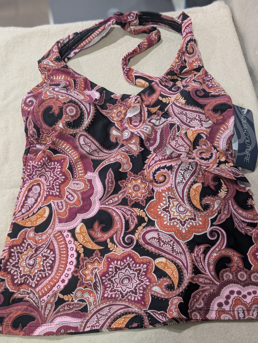 NWT Aqua Couture tankini swim top women's small halter pink black beach summer